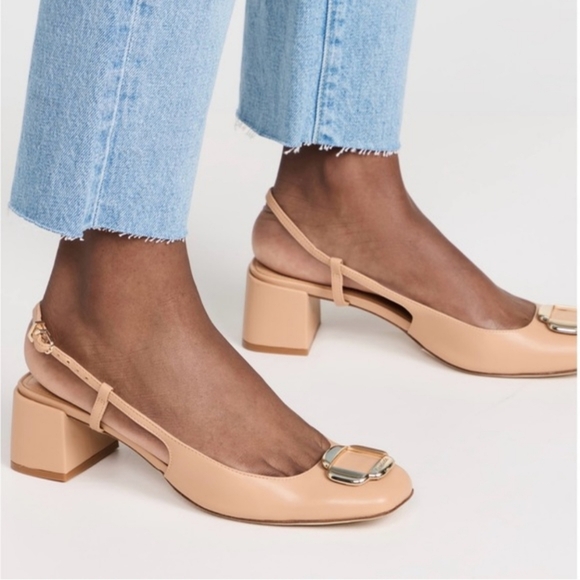 Larroude Slingback Block Heel Nude Leather Pumps Maria Tan Sz 7 - Picture 15 of 16